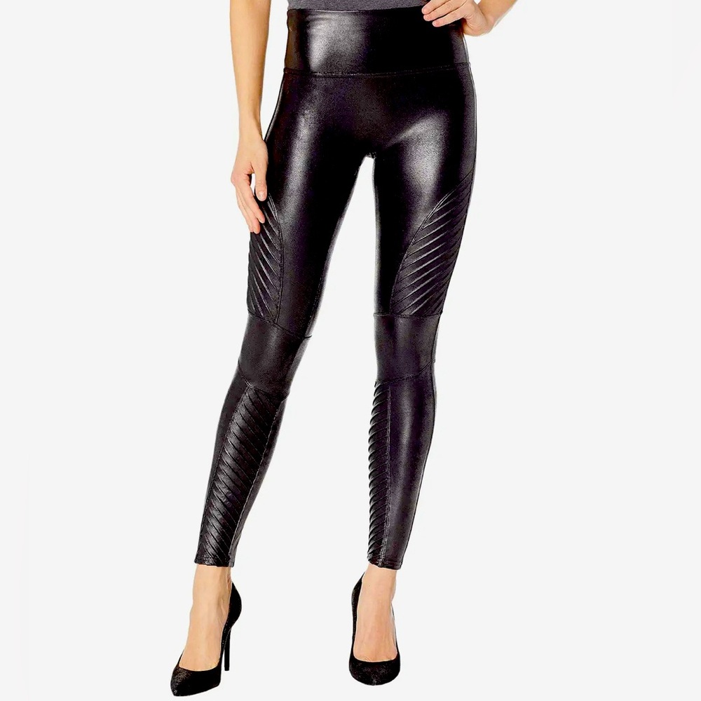 SPANX Faux Leather Moto Leggings Petite Medium Black